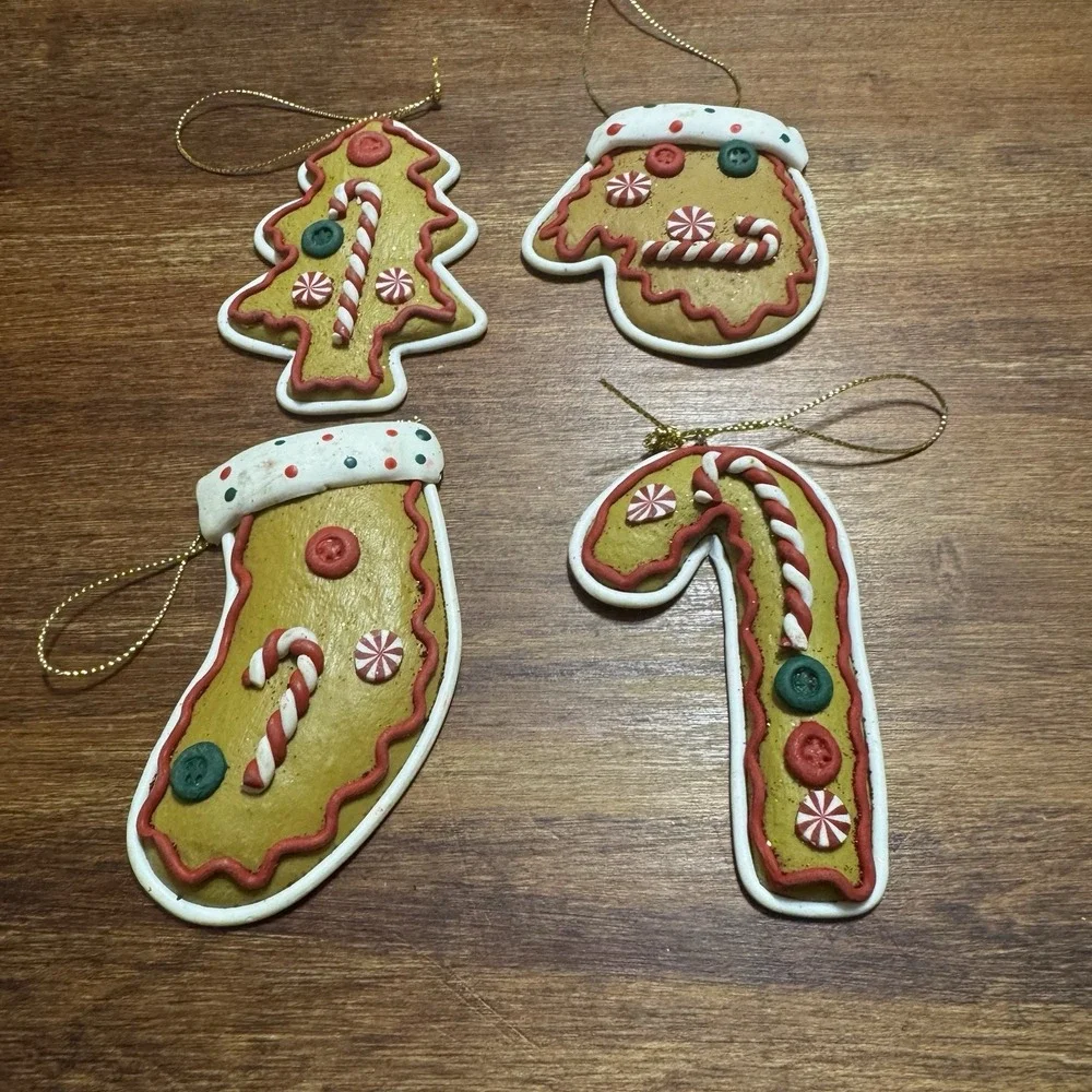 Set‎ Of 4 Christmas Ornaments Handmade Soft Clay - Stocking, Candy Cane, Tree